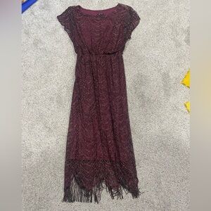 SLNY Burgundy Maxi Dress with Lace Overlay